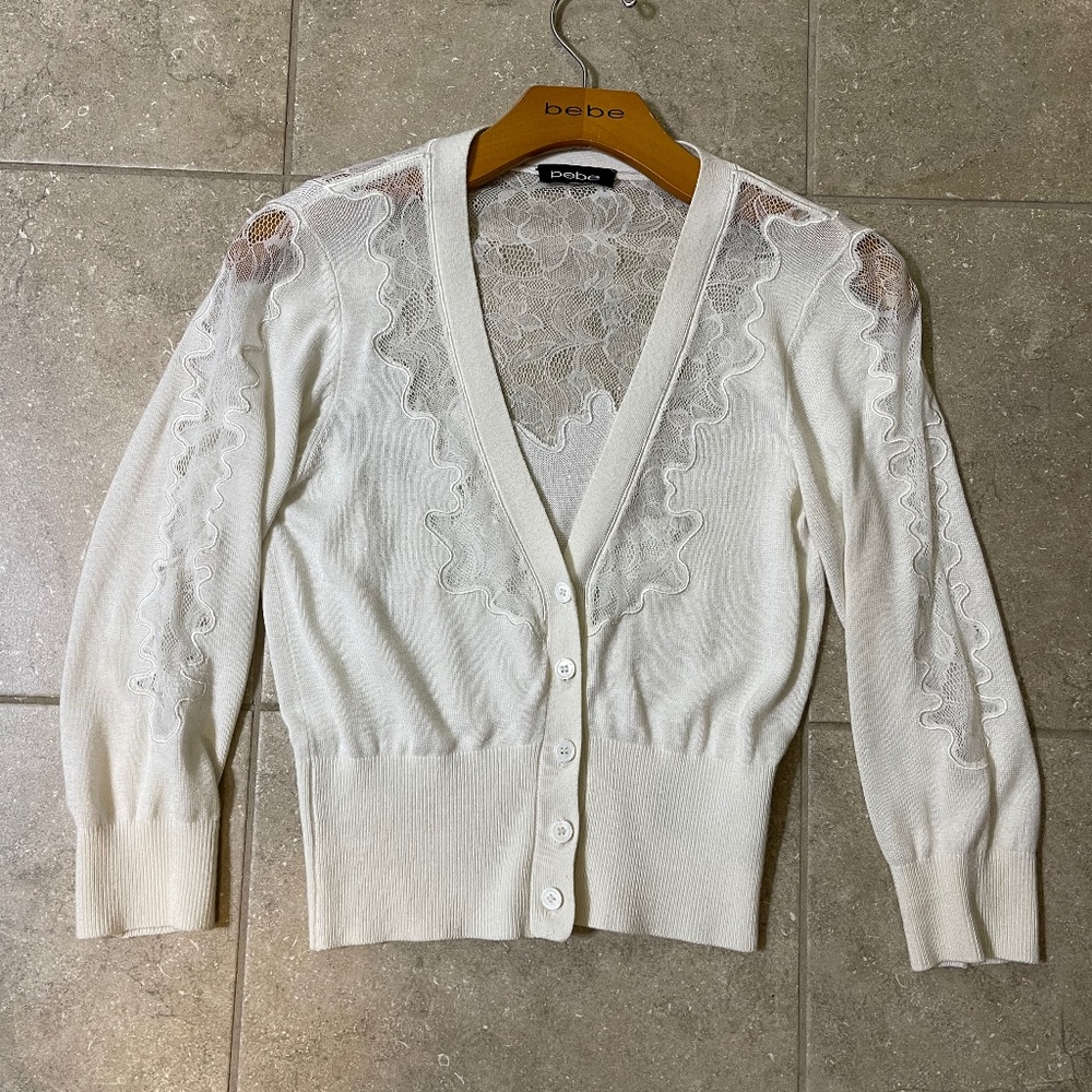 Bebe White Lace Detailed Cardigan Sweater Top
